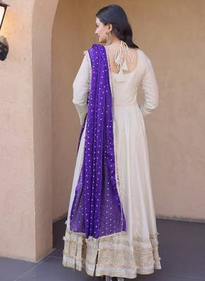 white anarkali gown set with designer dupatta 4