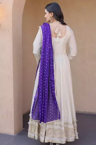 white anarkali gown set with designer dupatta