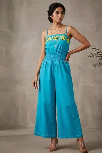 Turquoise blue embroidered cotton poplin jumpsuit