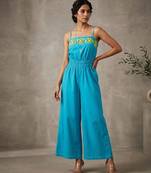 Turquoise blue embroidered cotton poplin jumpsuit