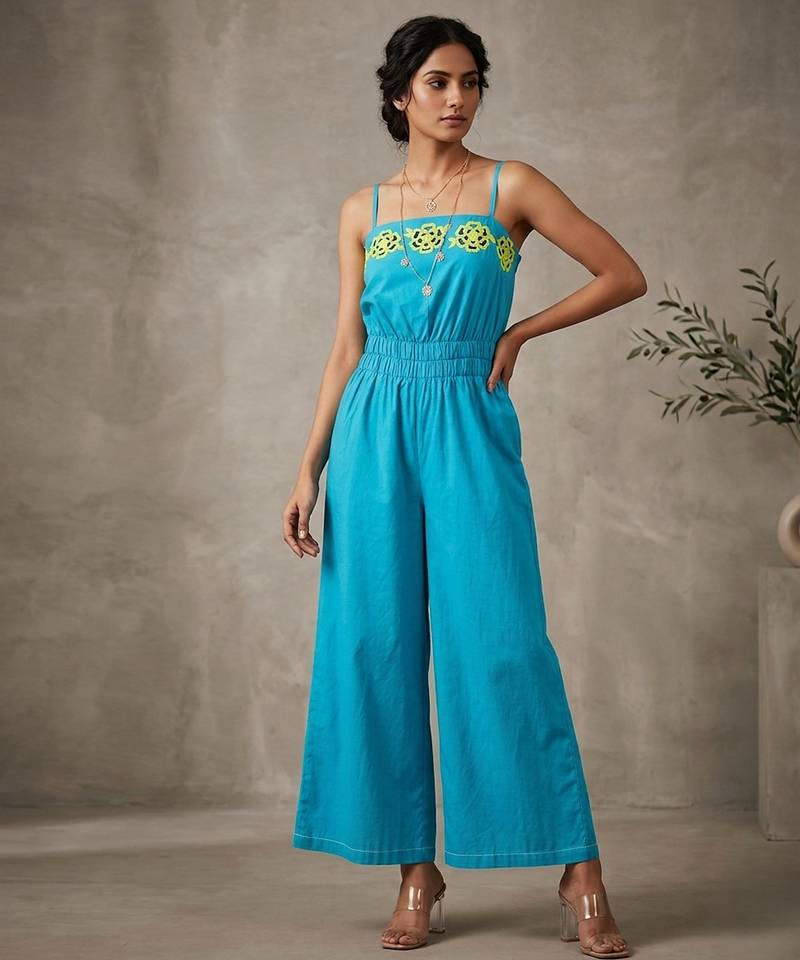 Turquoise blue embroidered cotton poplin jumpsuit