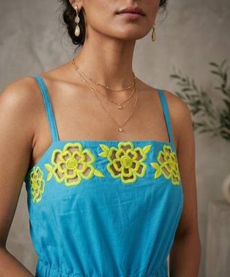 Turquoise blue embroidered cotton poplin jumpsuit 2