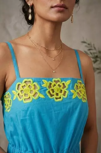 Turquoise blue embroidered cotton poplin jumpsuit