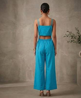 Turquoise blue embroidered cotton poplin jumpsuit 3