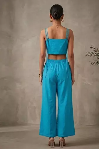 Turquoise blue embroidered cotton poplin jumpsuit