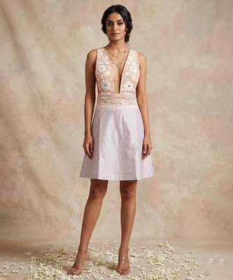 Champagne pink embroidered chanderi cotton dress 1