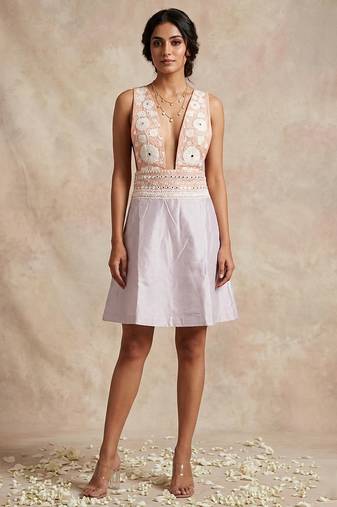 Champagne pink embroidered chanderi cotton dress