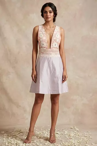 Champagne pink embroidered chanderi cotton dress