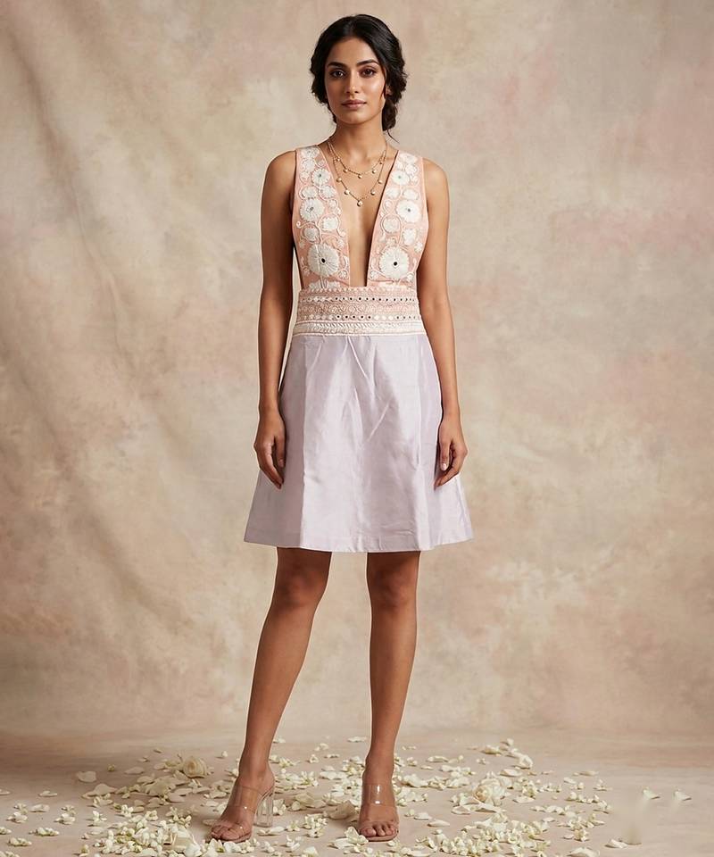 Champagne pink embroidered chanderi cotton dress