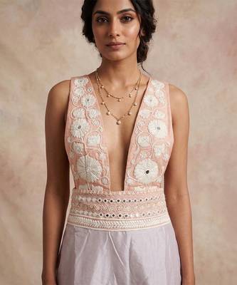 Champagne pink embroidered chanderi cotton dress 2