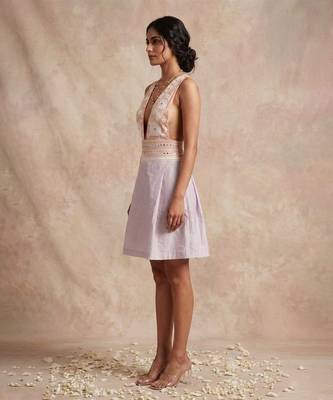 Champagne pink embroidered chanderi cotton dress 3