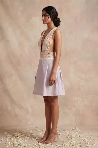 Champagne pink embroidered chanderi cotton dress
