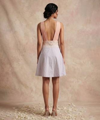 Champagne pink embroidered chanderi cotton dress 4