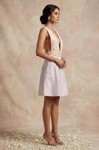 Champagne pink embroidered chanderi cotton dress