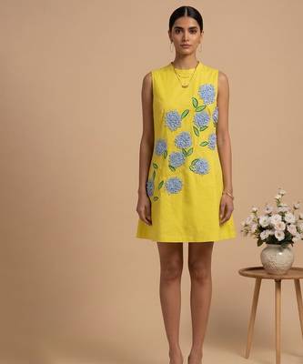 Yellow embroidered cotton poplin dress 1