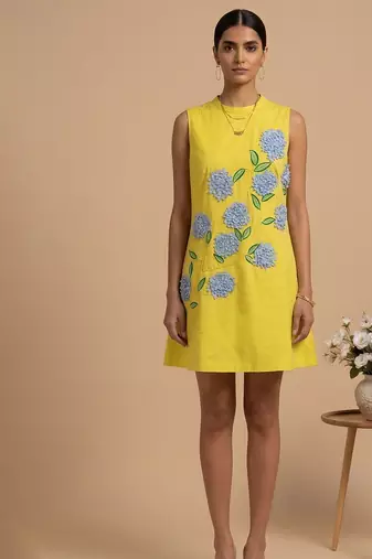 Yellow embroidered cotton poplin dress