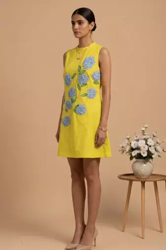 Yellow embroidered cotton poplin dress