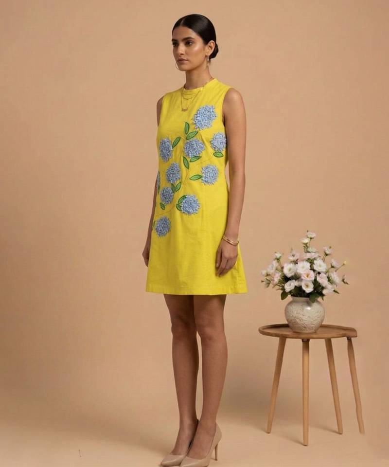 Yellow embroidered cotton poplin dress
