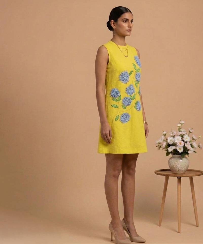 Yellow embroidered cotton poplin dress