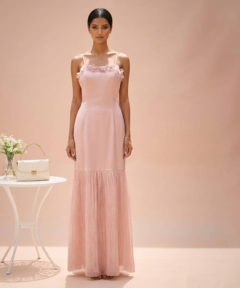 Pink embroidered imported satin gown