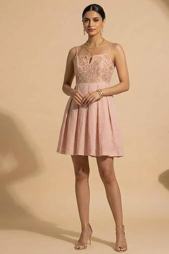 Blush pink embroidered chanderi cotton dress
