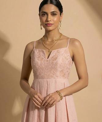 Blush pink embroidered chanderi cotton dress 2