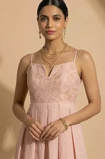 Blush pink embroidered chanderi cotton dress