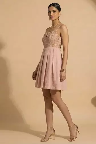 Blush pink embroidered chanderi cotton dress