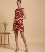 Crimson red embroidered chanderi cotton dress