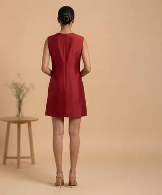 Crimson red embroidered chanderi cotton dress 2