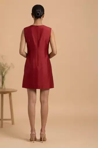 Crimson red embroidered chanderi cotton dress