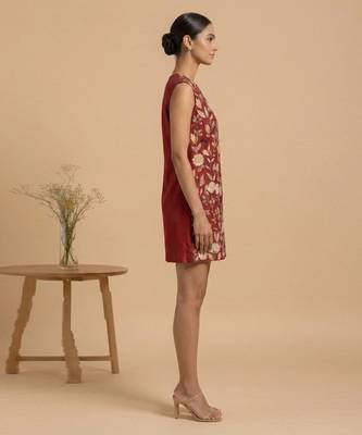 Crimson red embroidered chanderi cotton dress 3