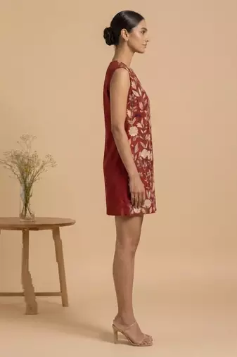 Crimson red embroidered chanderi cotton dress