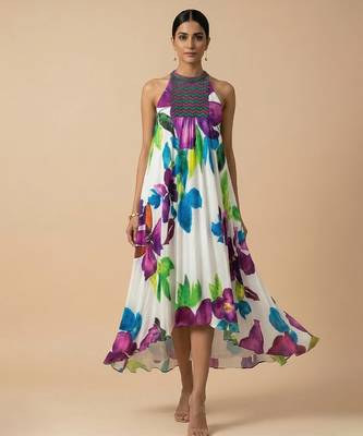 White purple printed silk shantoon dress 1