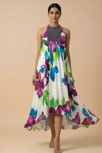 White purple printed silk shantoon dress