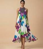 White purple printed silk shantoon dress