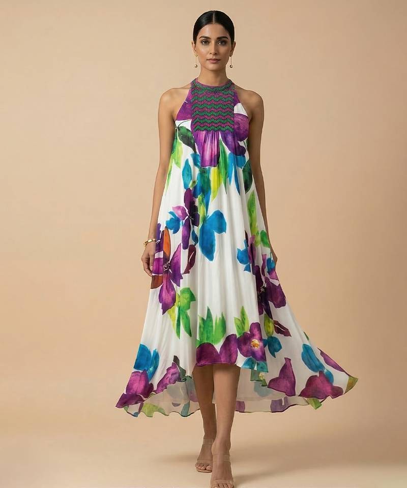 White purple printed silk shantoon dress
