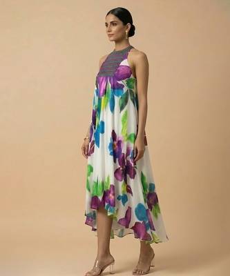 White purple printed silk shantoon dress 2