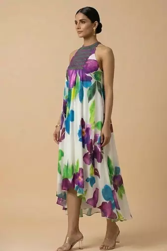 White purple printed silk shantoon dress