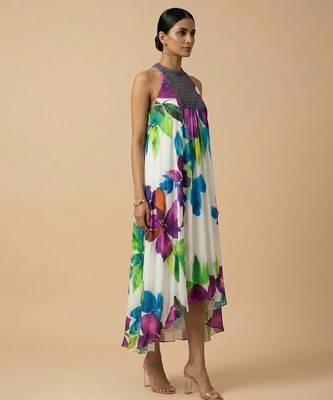 White purple printed silk shantoon dress 3