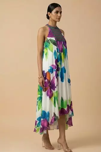 White purple printed silk shantoon dress
