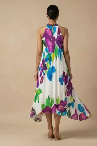 White purple printed silk shantoon dress