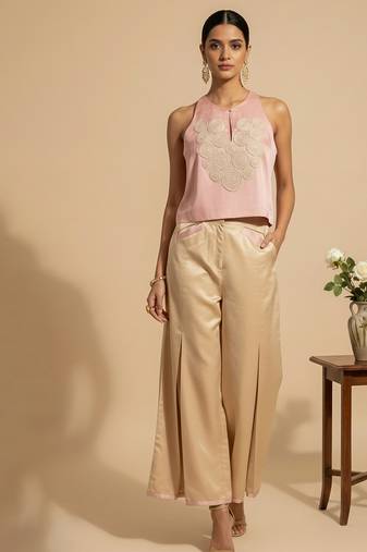 Blush pink embroidered satin co ord set