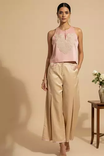 Blush pink embroidered satin co ord set