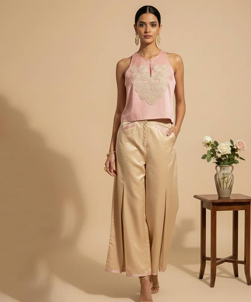 Blush pink embroidered satin co ord set