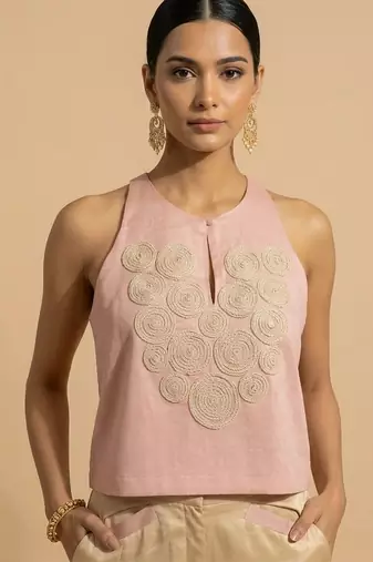Blush pink embroidered satin co ord set