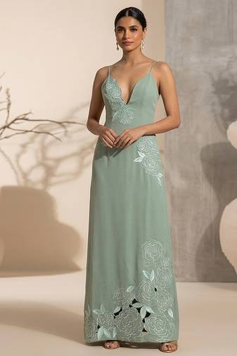 Sage green embroidered imported crepe gown