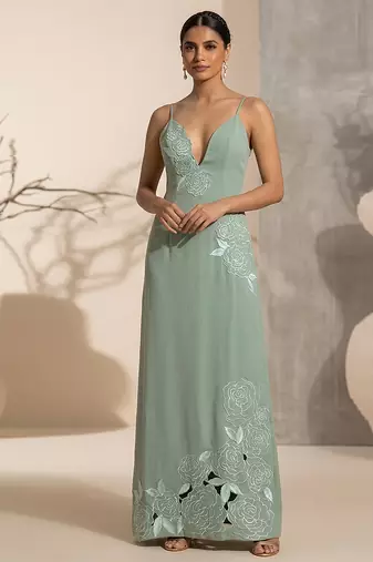 Sage green embroidered imported crepe gown