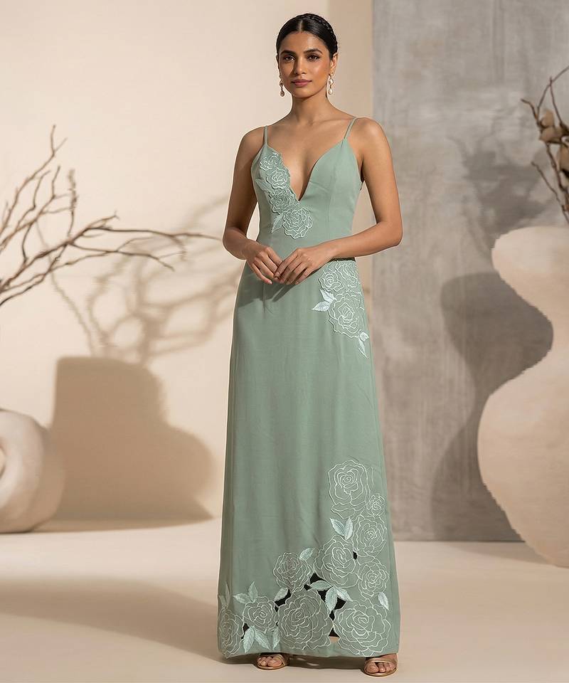Sage green embroidered imported crepe gown
