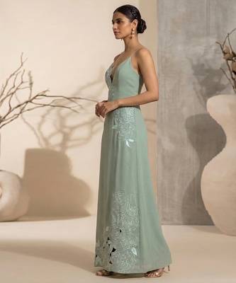 Sage green embroidered imported crepe gown 3